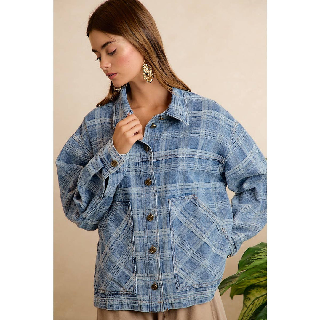 BiBi | Washed Plaid Patterned Denim Jacket With oversized Pockets