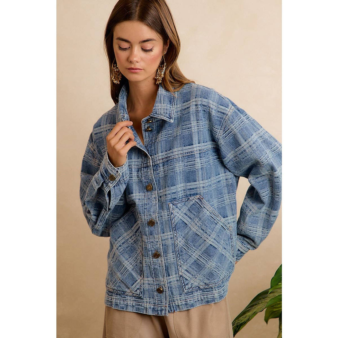 BiBi | Washed Plaid Patterned Denim Jacket With oversized Pockets