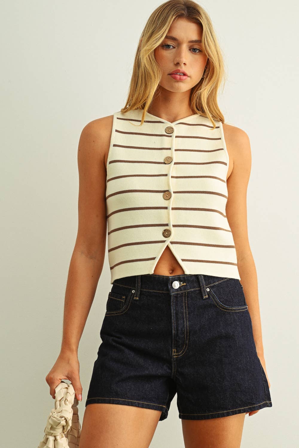 Miou Muse | Button Detail Stripe Pattern Knitted Vest