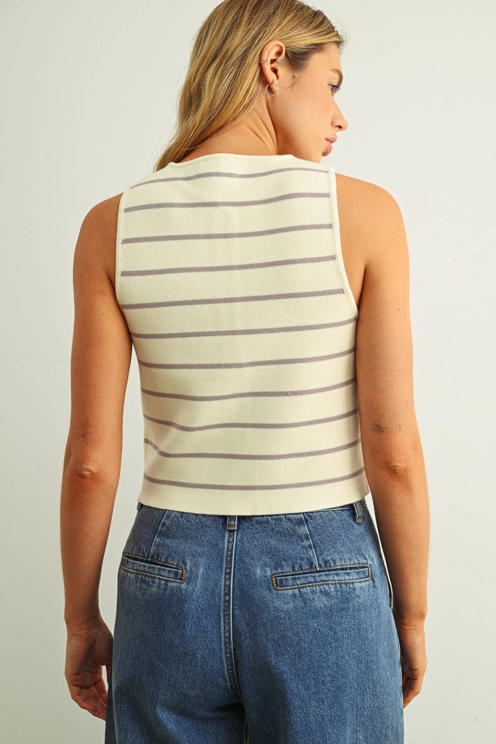 Miou Muse | Button Detail Stripe Pattern Knitted Vest