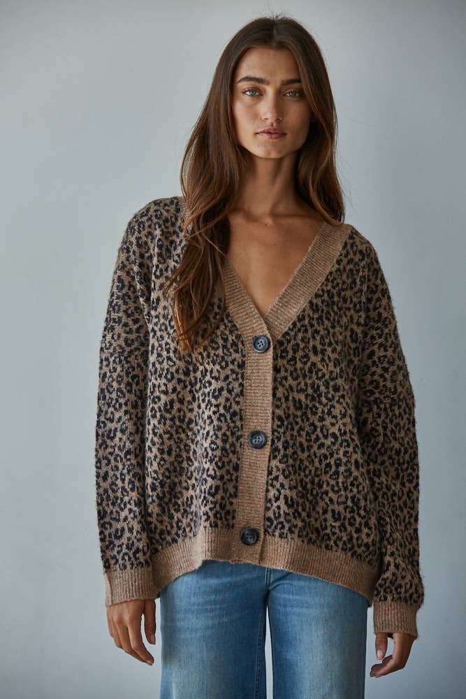 By Together | Knit Sweater V-Neck Animal Print Cardigan