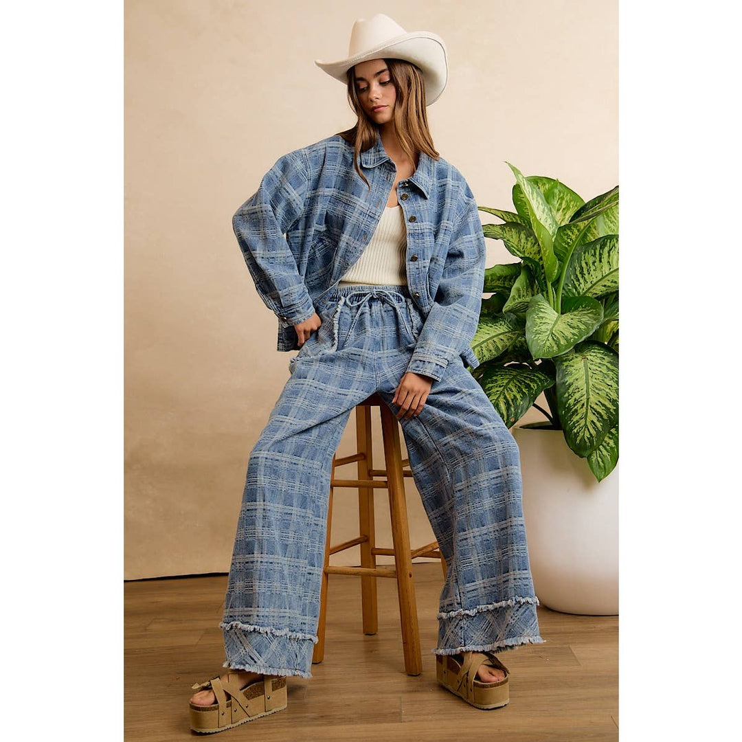 BiBi | Washed Plaid Patterned Denim Jacket With oversized Pockets