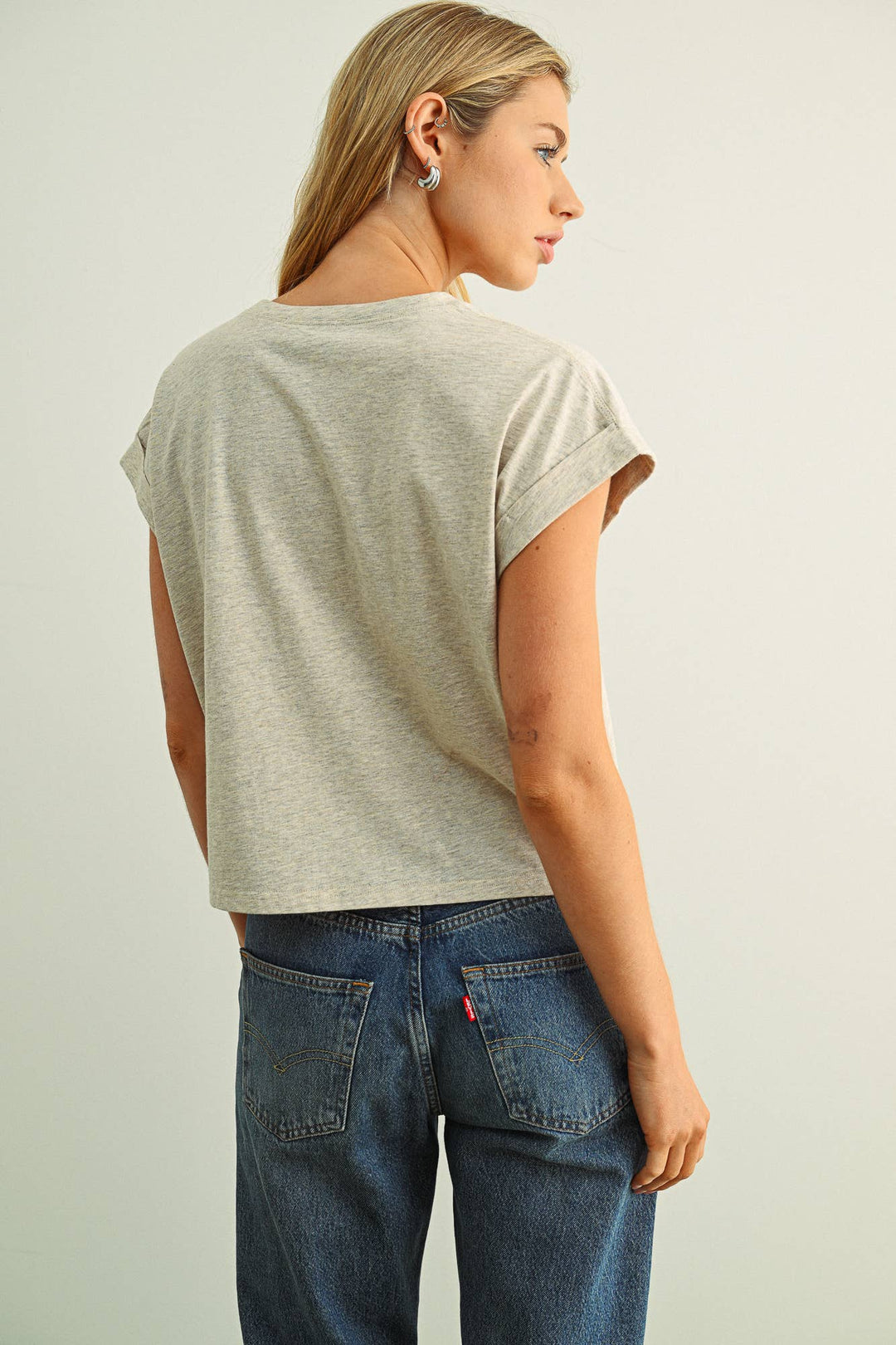 Miou Muse | Round Neck Cuffed Sleeve Top