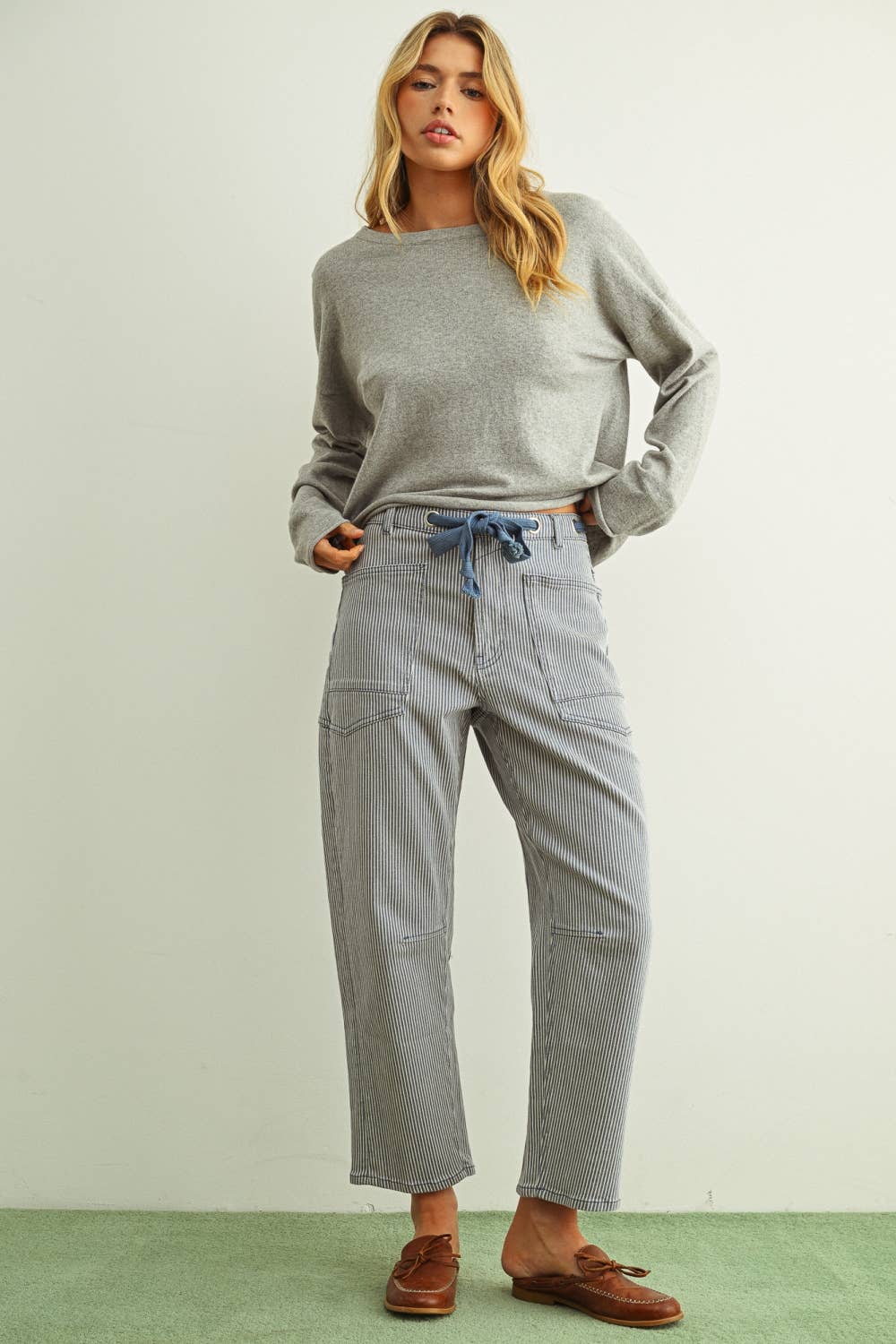 Miou Muse | Striped Pattern Washed Barrel Pants With Tie Belt