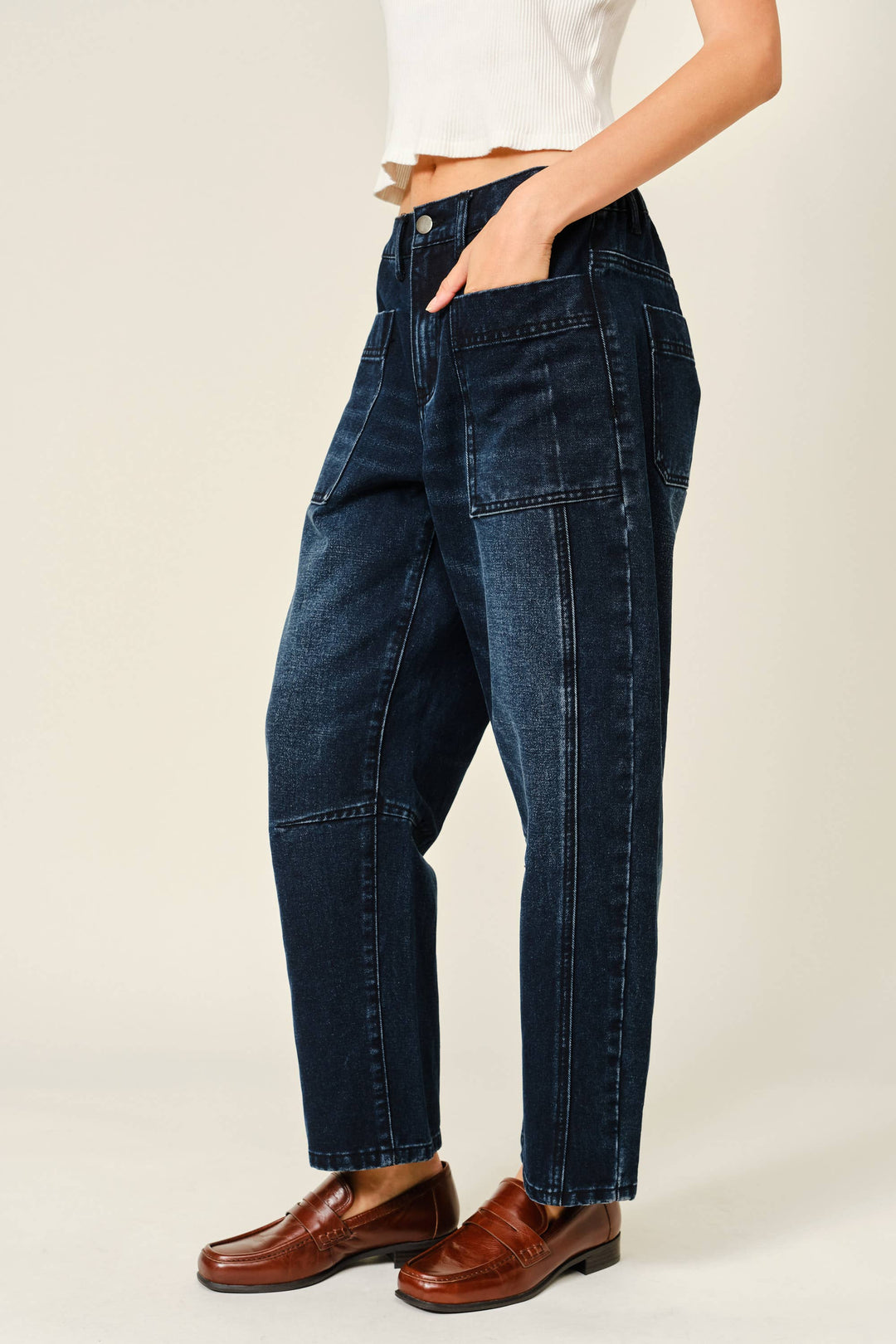 Aaron and Amber | Dark Wash Barrel Jeans