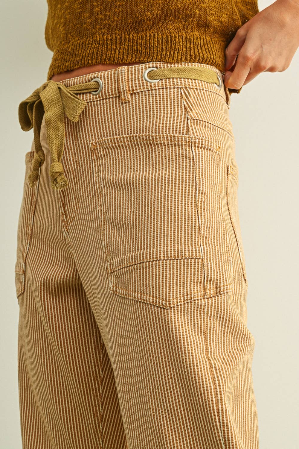 Miou Muse | Striped Pattern Washed Barrel Pants With Tie Belt