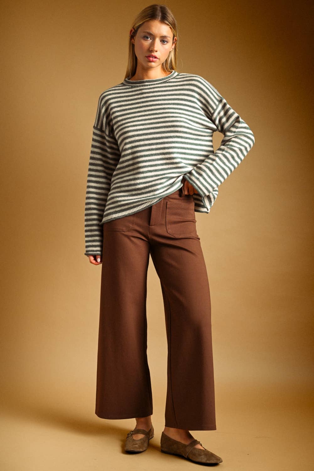 Miou Muse | Striped Pattern Rolled Neck Detail Top
