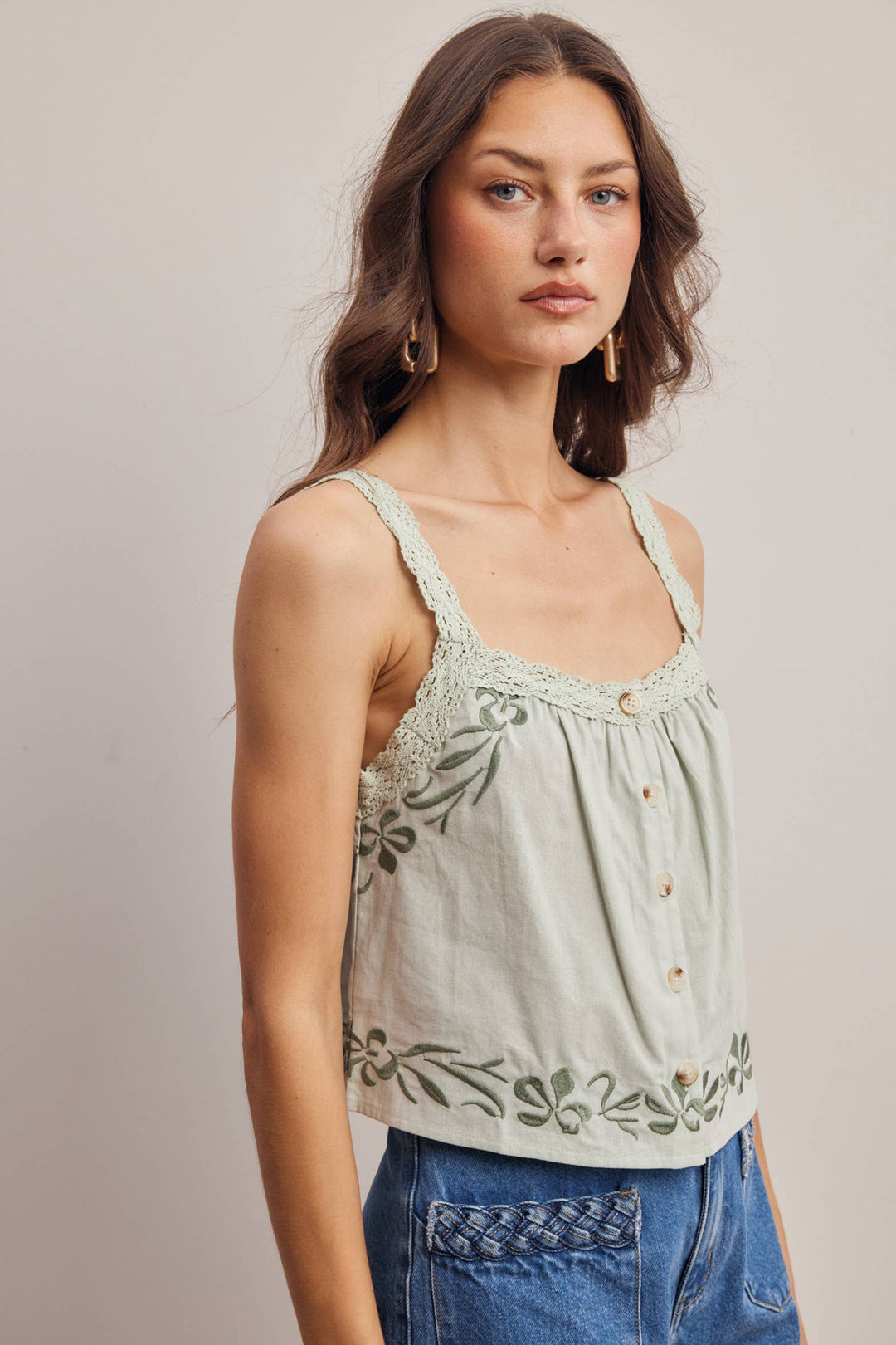 Forte | Embroidered Lace Trim Button Front Tank Top