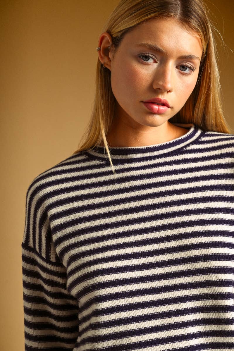 Miou Muse | Striped Pattern Rolled Neck Detail Top