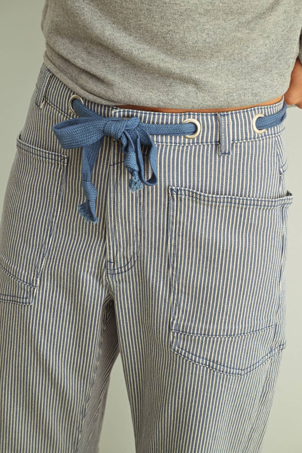 Miou Muse | Striped Pattern Washed Barrel Pants With Tie Belt