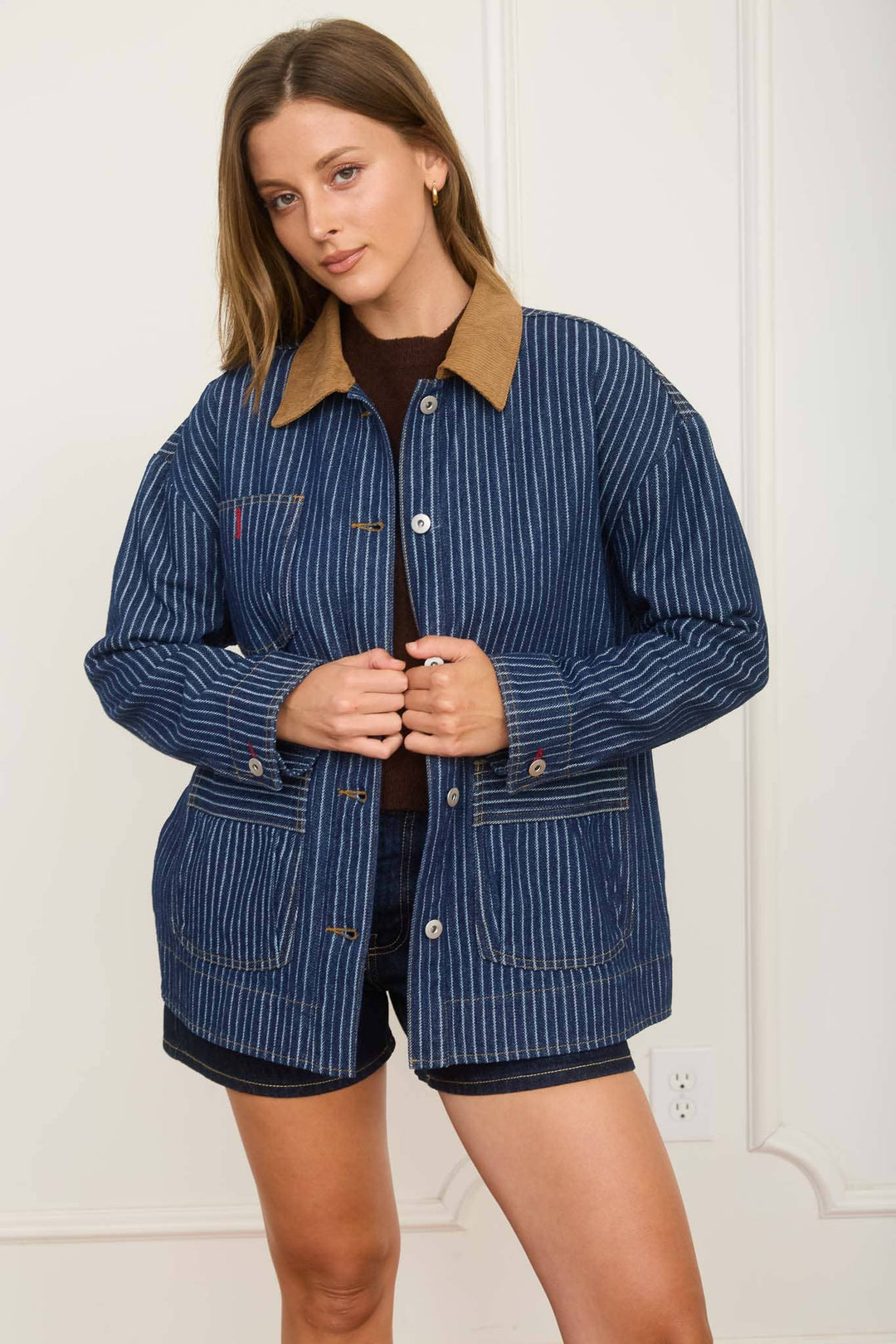 Blu Pepper | Stripe Corduroy Collar Denim Shacket