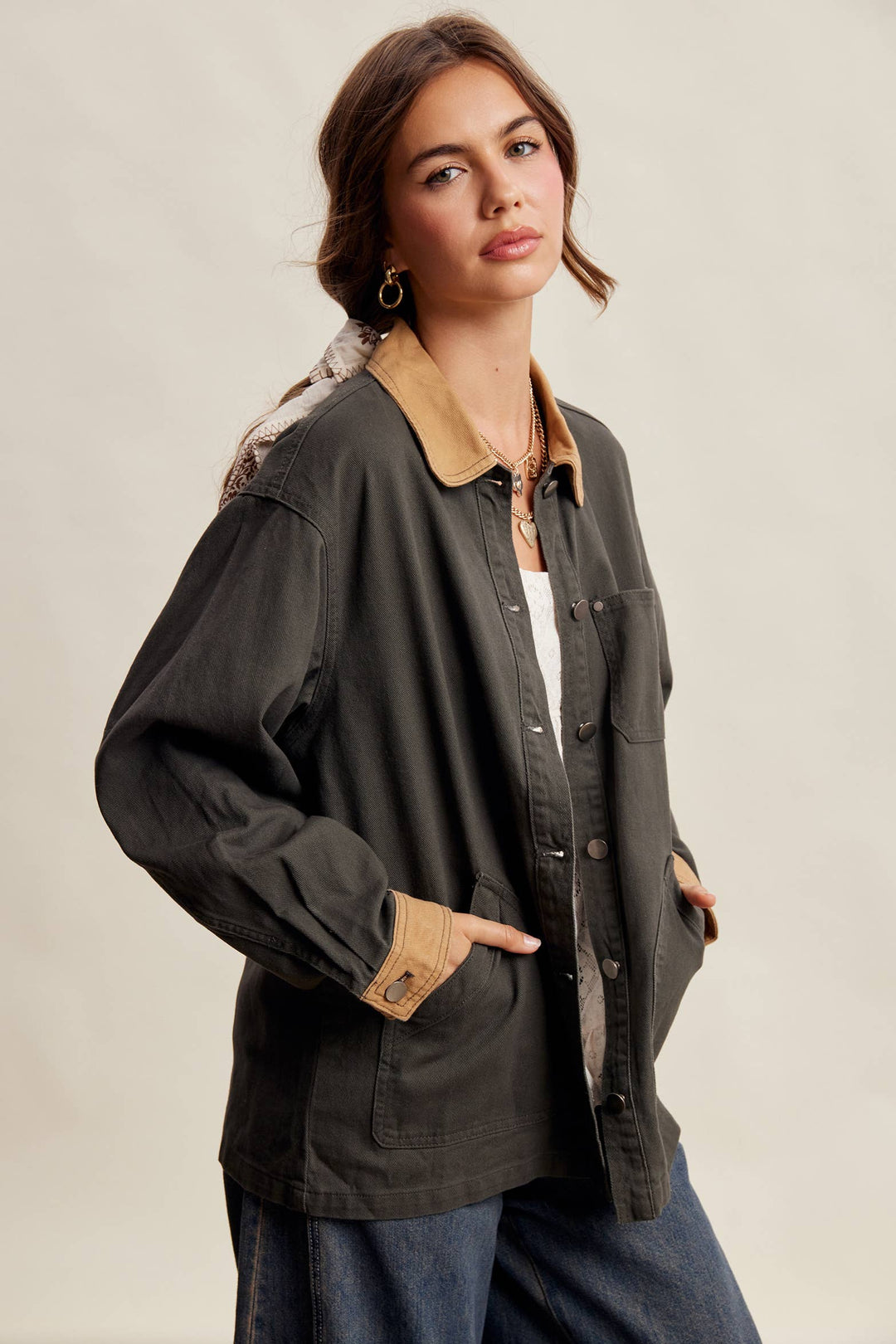 Listicle | Contrast Collar Utility Barn Jacket LJ0271