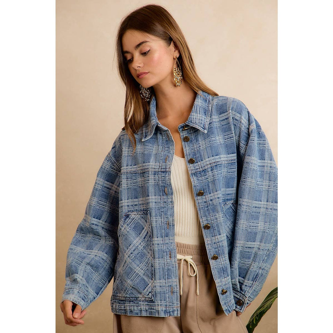 BiBi | Washed Plaid Patterned Denim Jacket With oversized Pockets