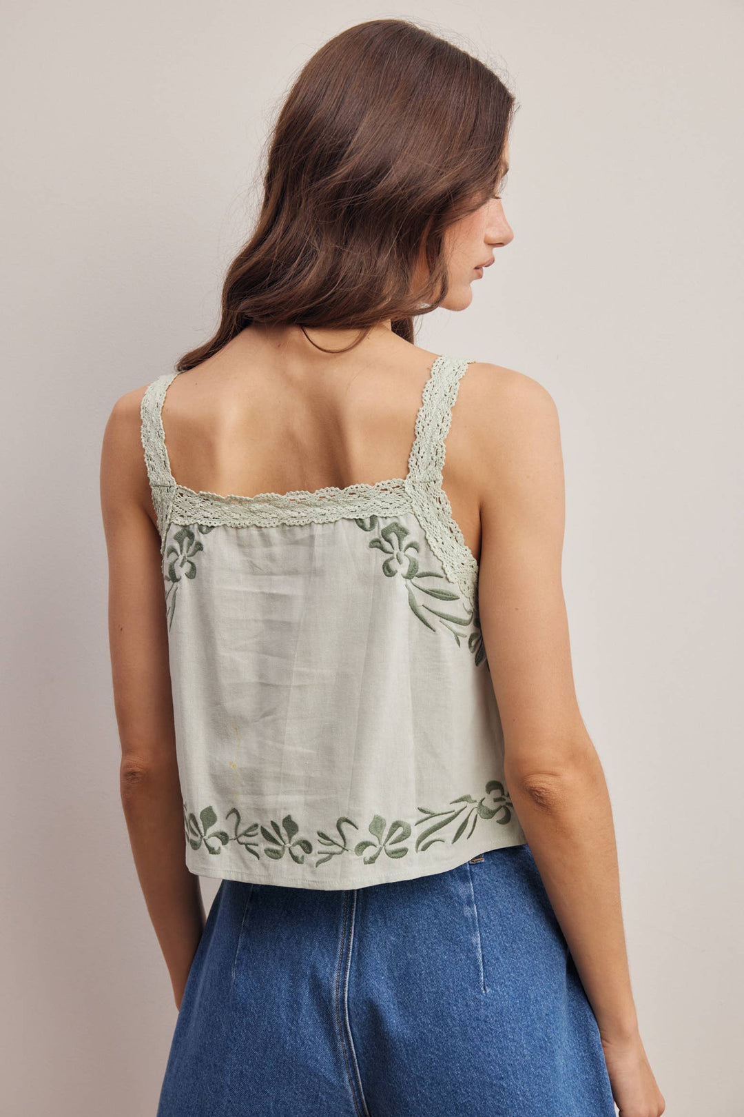 Forte | Embroidered Lace Trim Button Front Tank Top