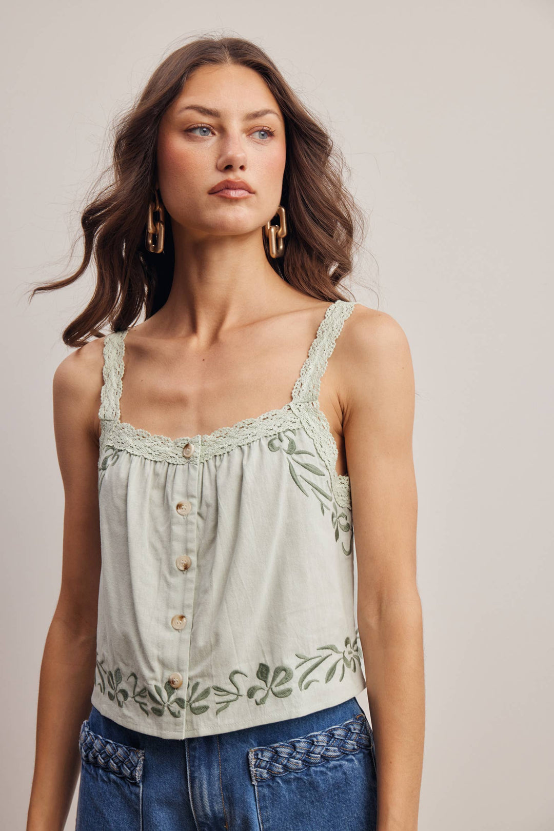 Forte | Embroidered Lace Trim Button Front Tank Top
