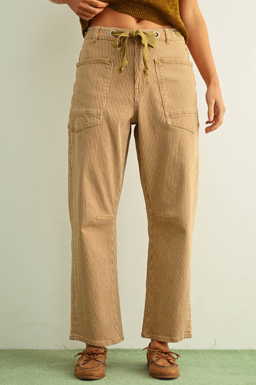 Miou Muse | Striped Pattern Washed Barrel Pants With Tie Belt