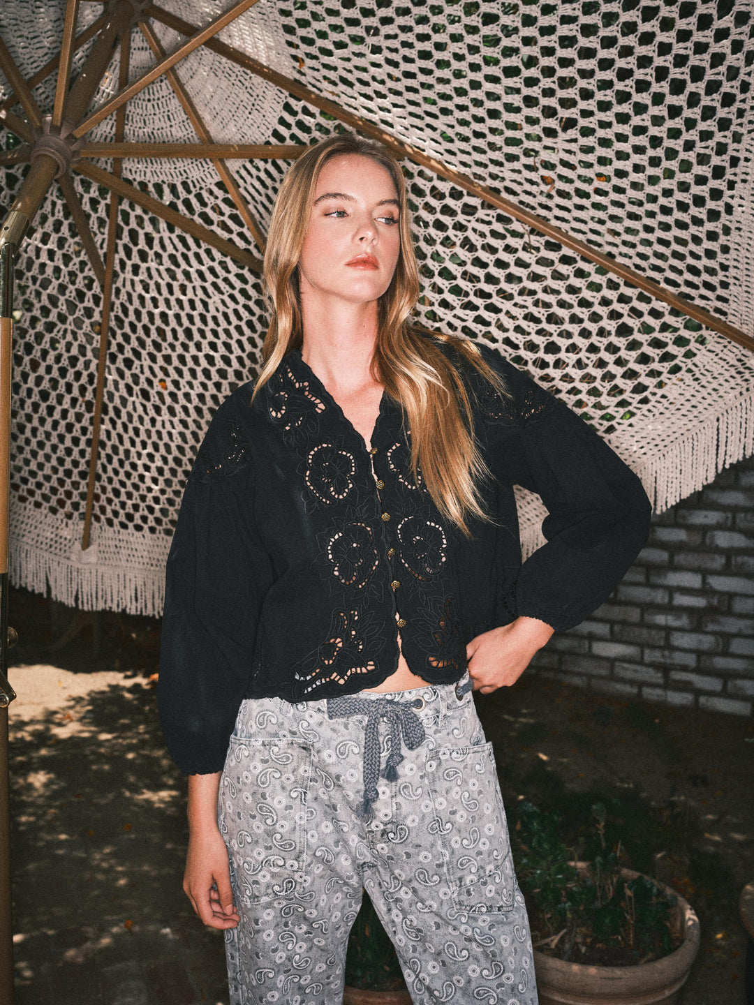 Aaron and Amber | Denim Embroidery Puff Sleeve Blouse