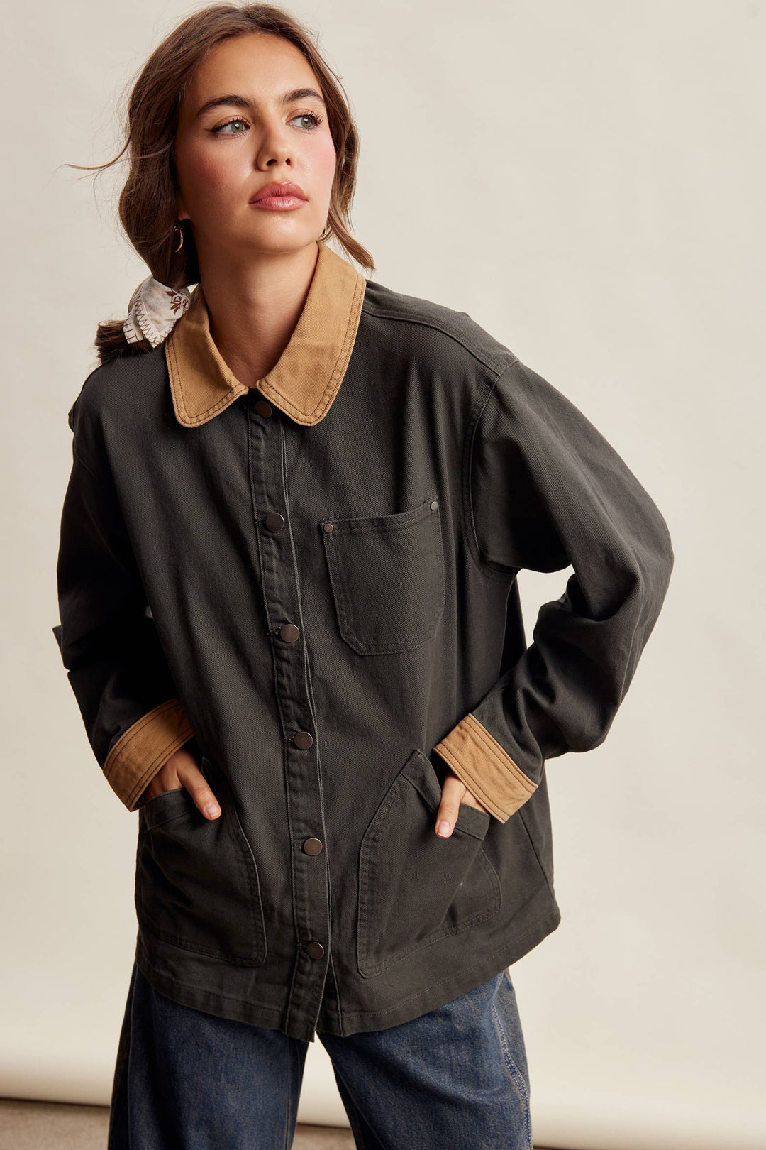 Listicle | Contrast Collar Utility Barn Jacket LJ0271
