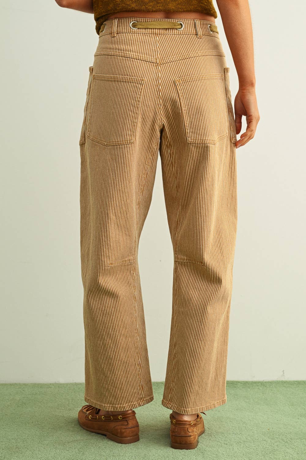 Miou Muse | Striped Pattern Washed Barrel Pants With Tie Belt