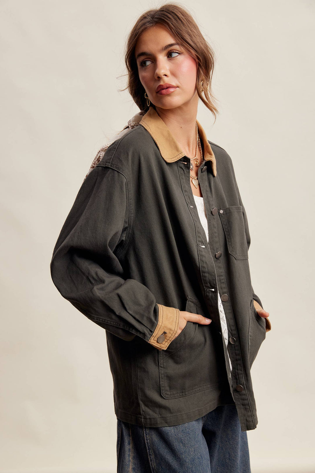Listicle | Contrast Collar Utility Barn Jacket LJ0271
