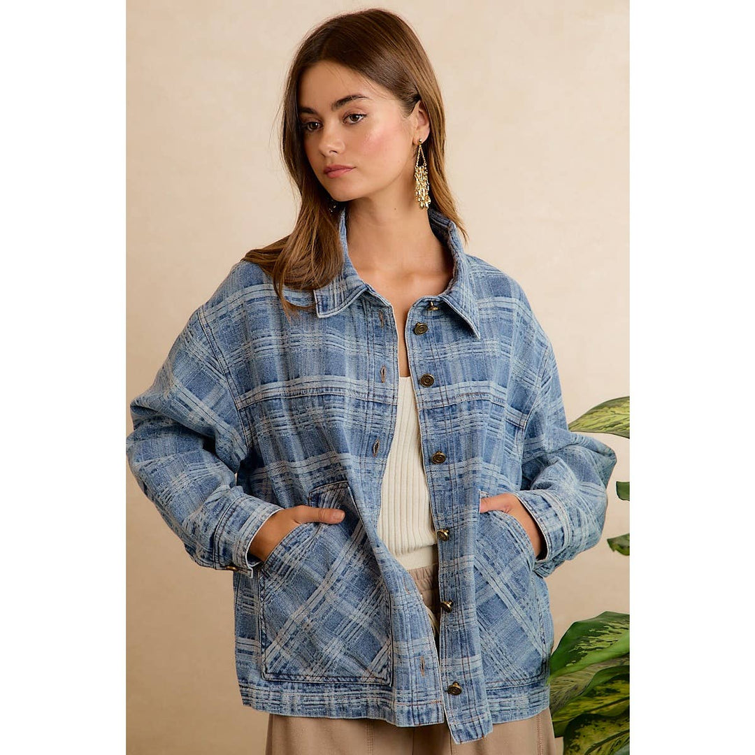 BiBi | Washed Plaid Patterned Denim Jacket With oversized Pockets