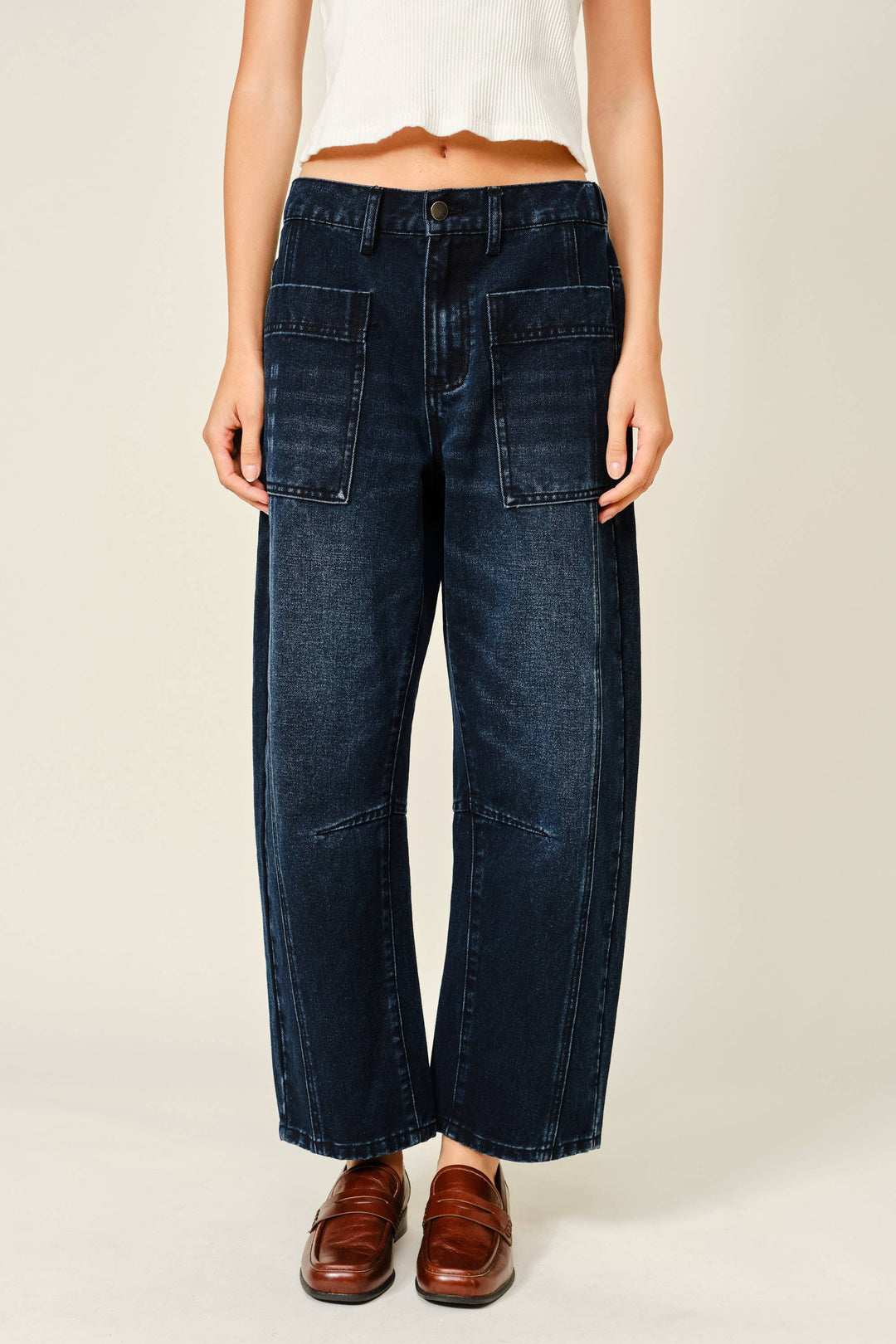 Aaron and Amber | Dark Wash Barrel Jeans