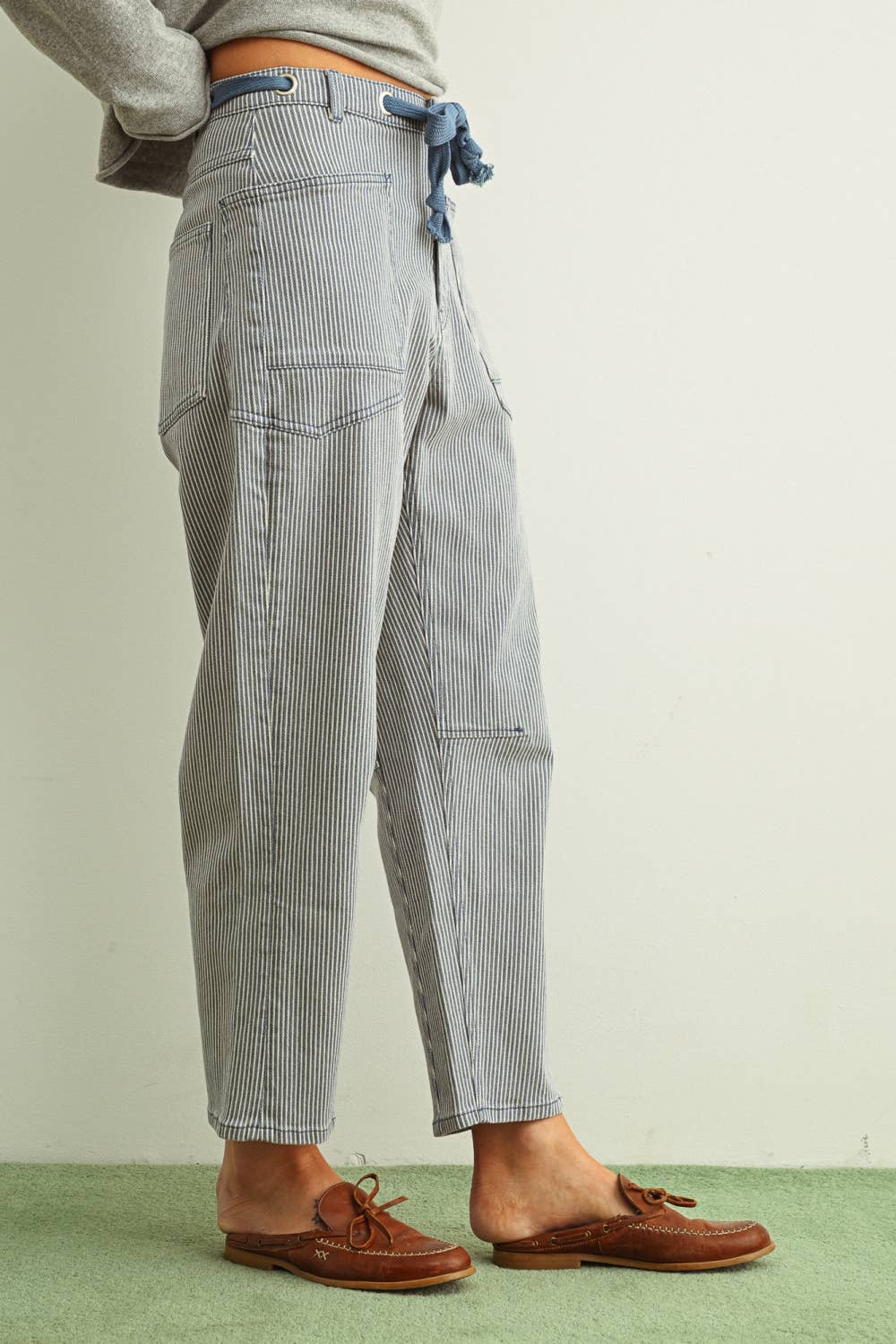 Miou Muse | Striped Pattern Washed Barrel Pants With Tie Belt