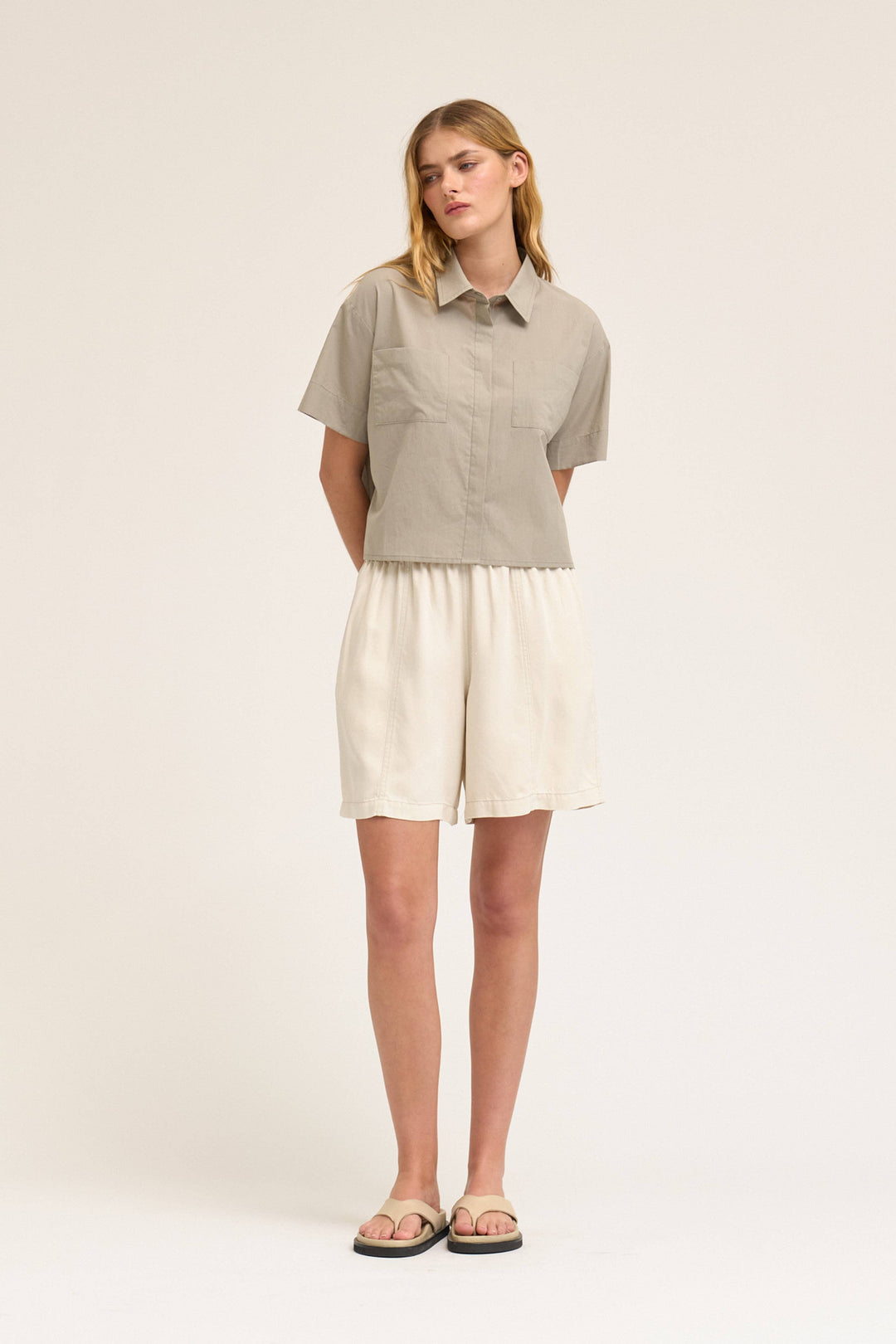 Grade and Gather | Cropped Button Up Shot Sleeve Top 