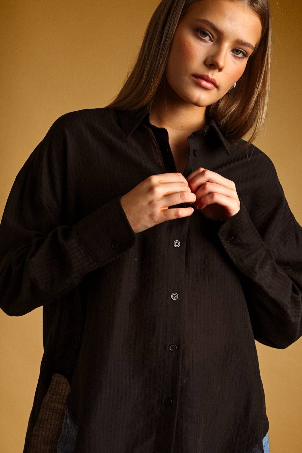 Miou Muse | Pin Striped Sheer Button Front Shirt