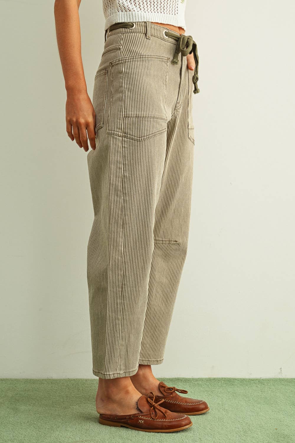 Miou Muse | Striped Pattern Washed Barrel Pants With Tie Belt