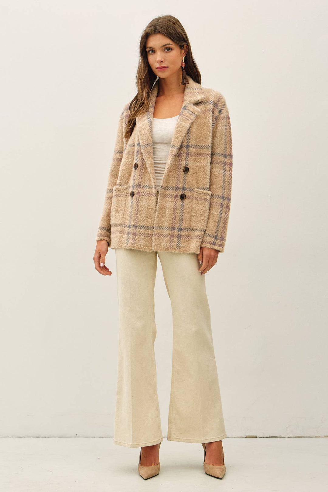 Be Cool | Fuzzy Plaid Double Button Jacket