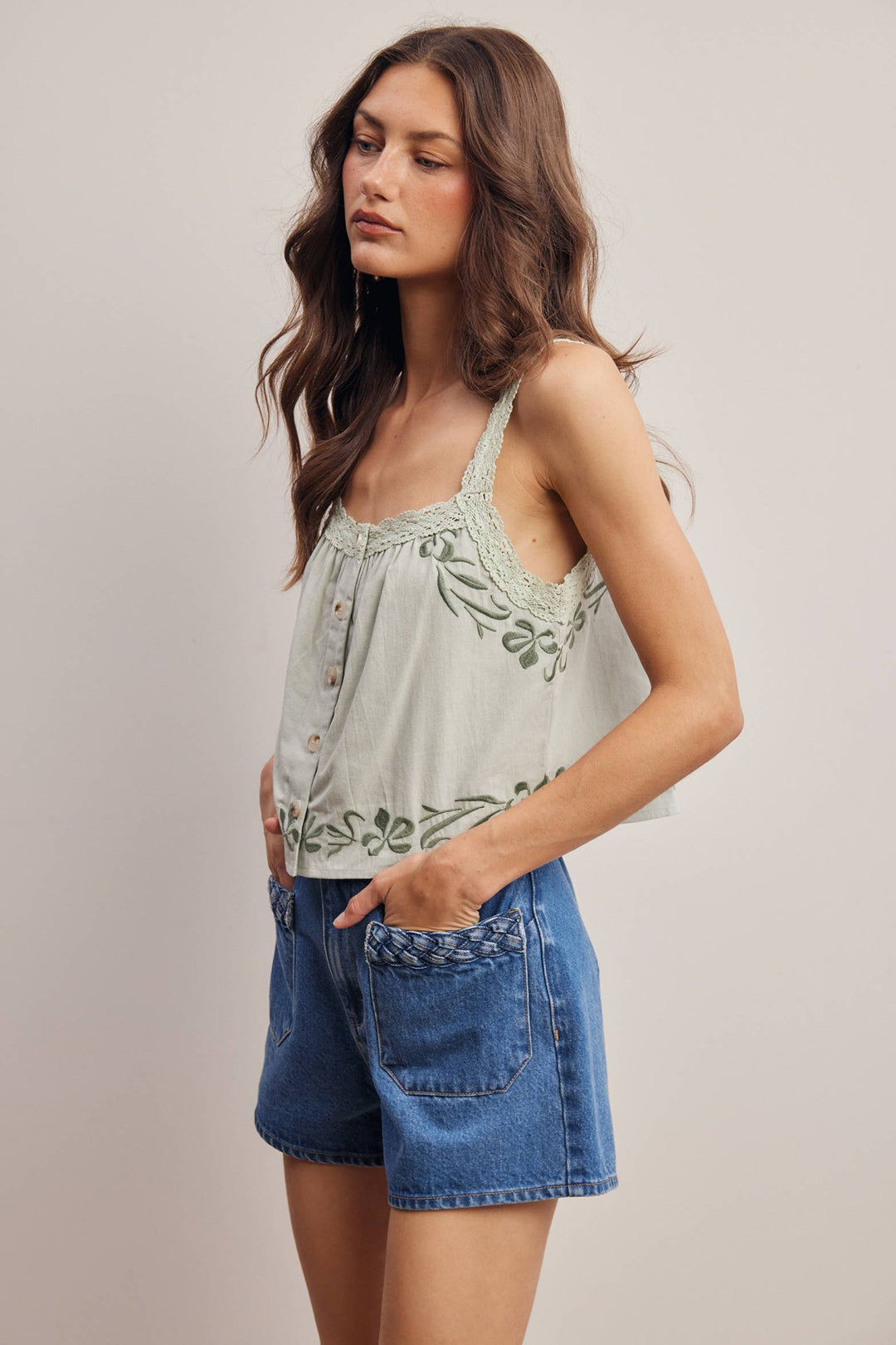 Forte | Embroidered Lace Trim Button Front Tank Top