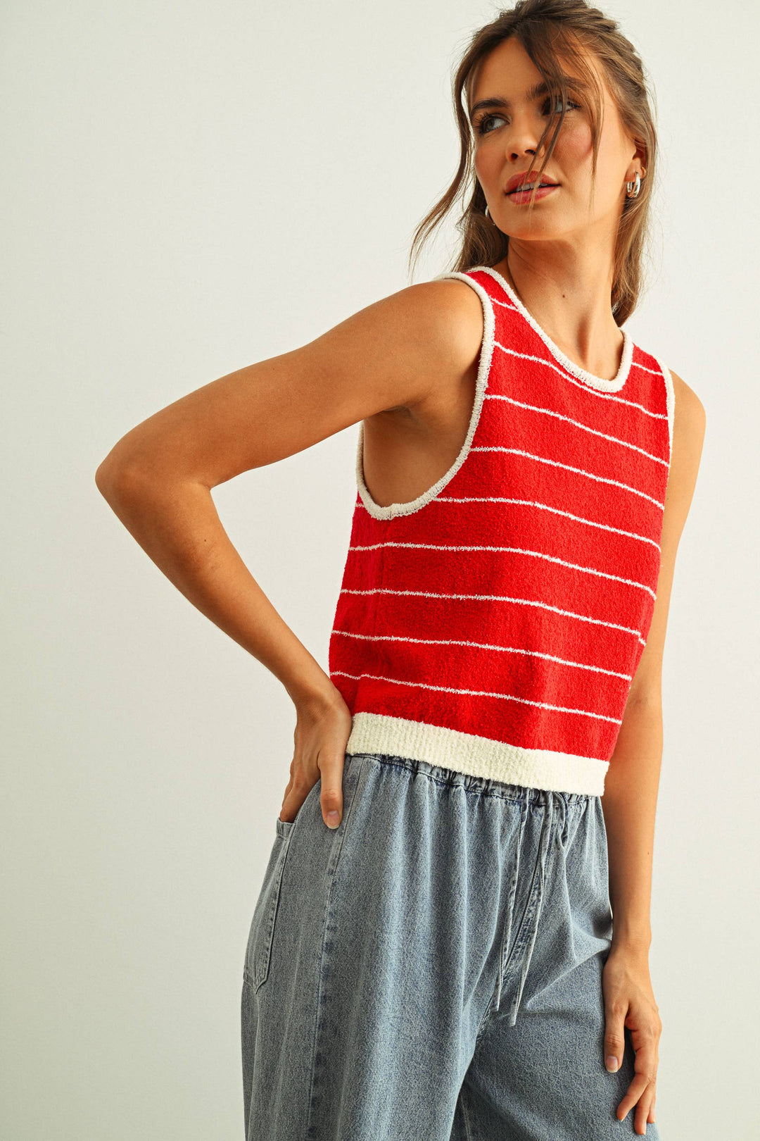Miou Muse | Short Sleeve Wide Pinstripe Knitted Tank
