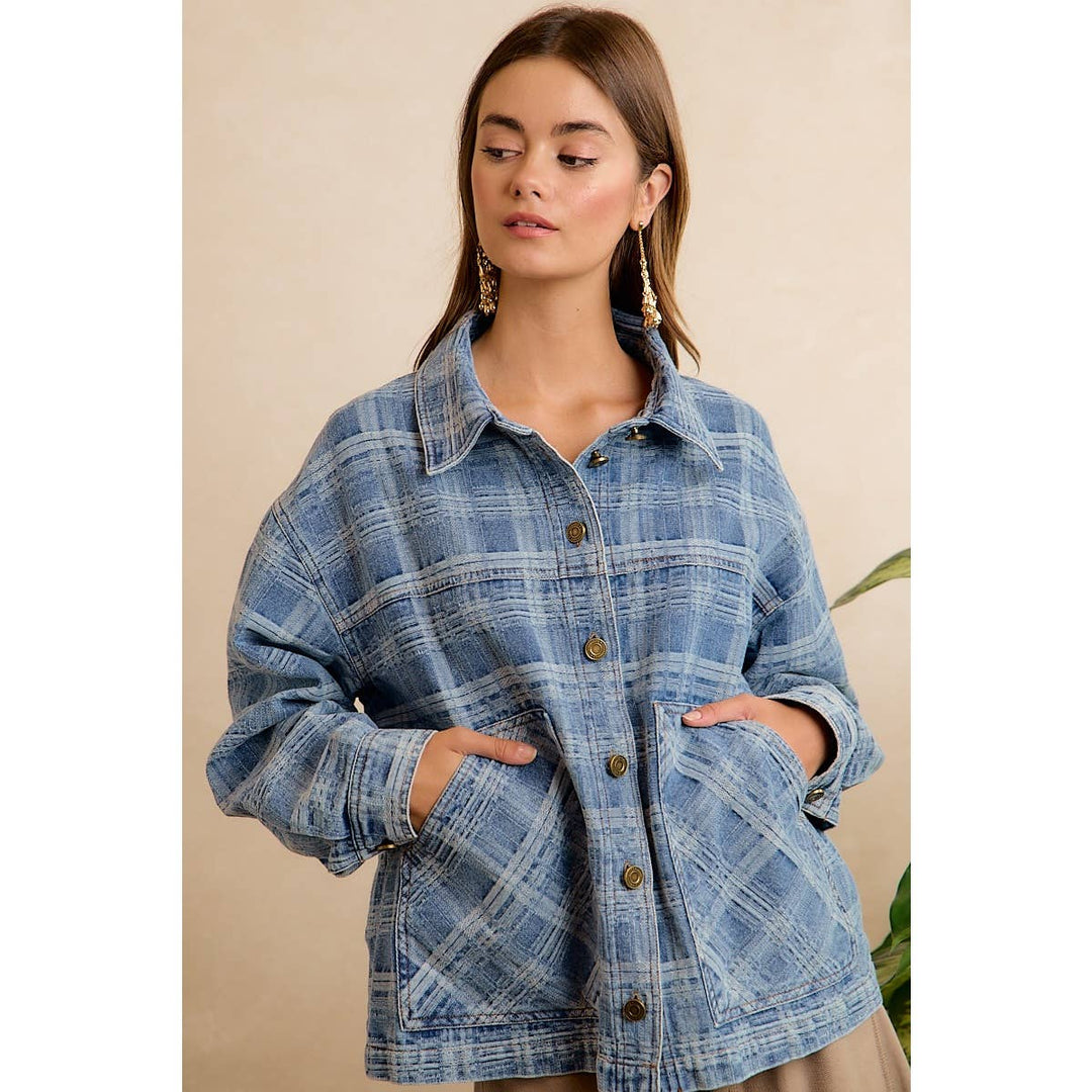 BiBi | Washed Plaid Patterned Denim Jacket With oversized Pockets