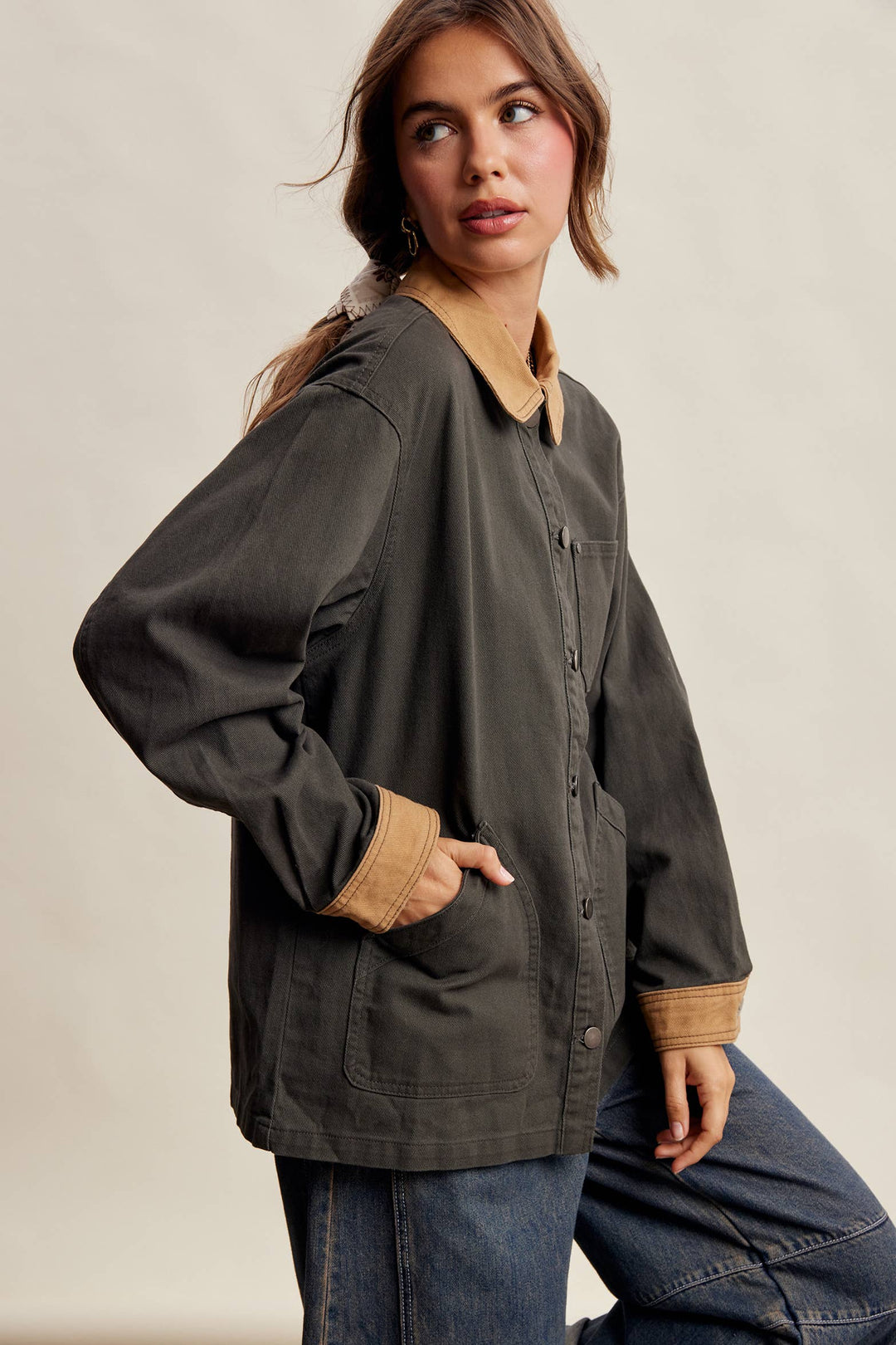 Listicle | Contrast Collar Utility Barn Jacket LJ0271