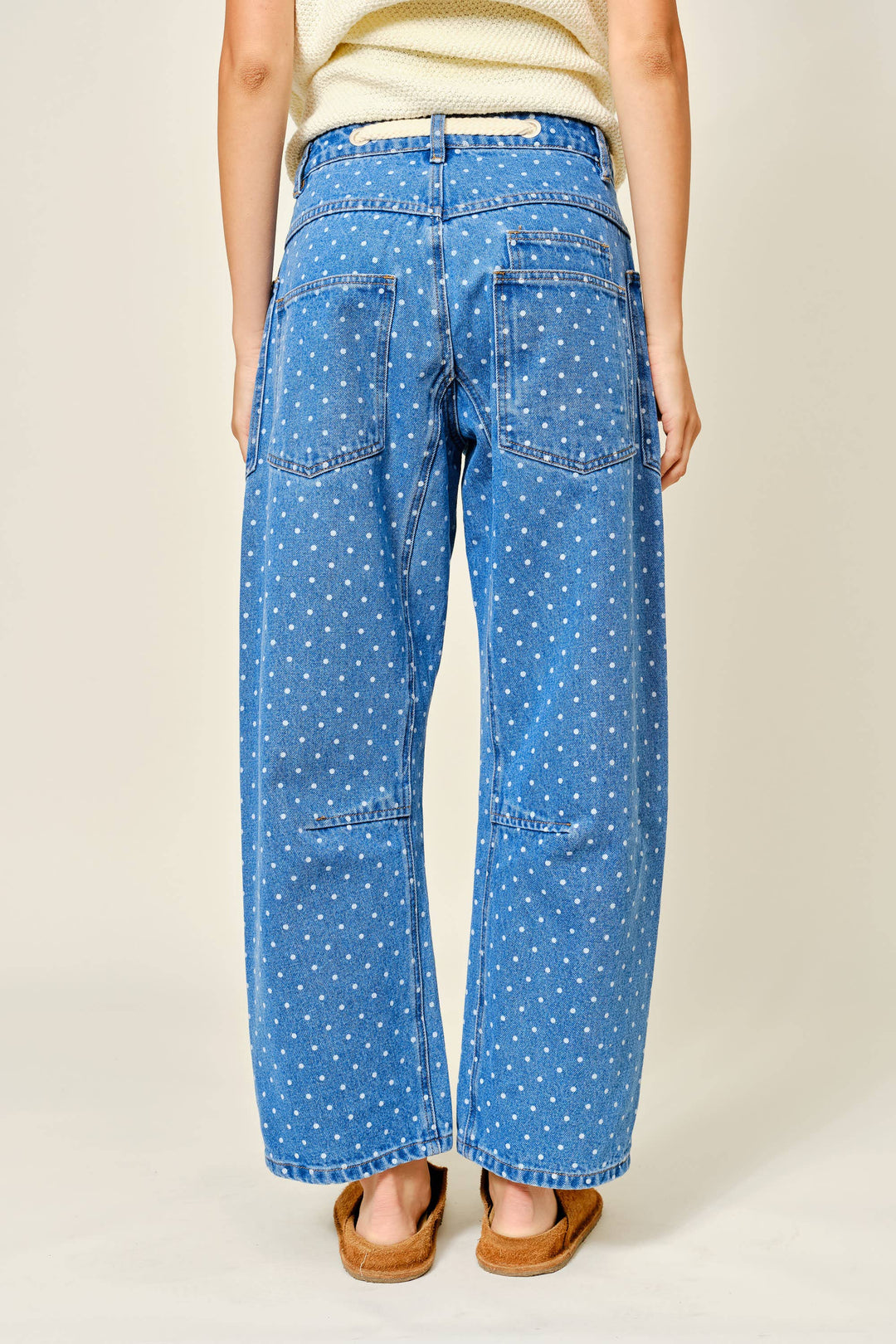 Aaron and Amber | Polka Dot Denim Barrel Pants