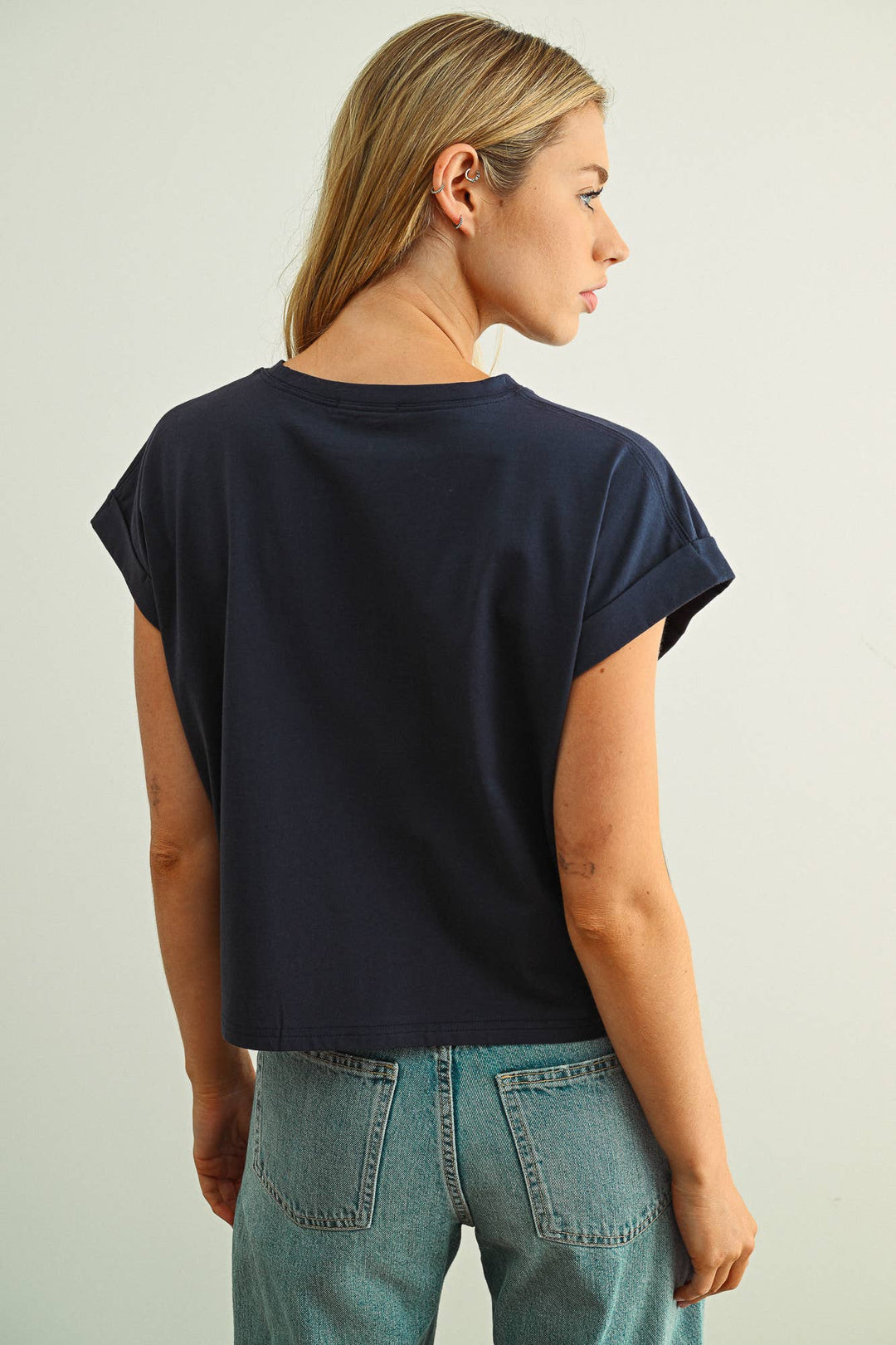 Miou Muse | Round Neck Cuffed Sleeve Top