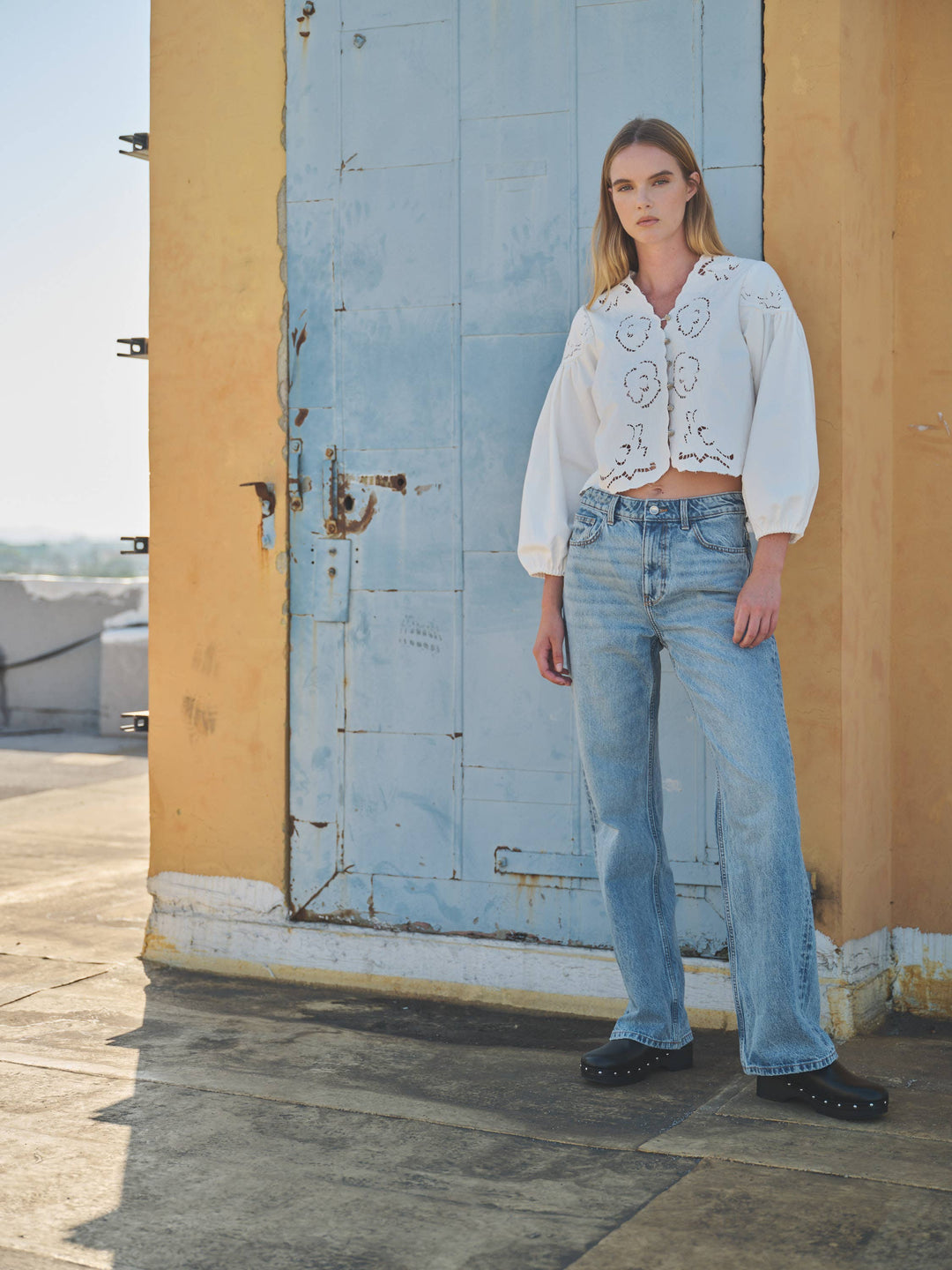 Aaron and Amber | Denim Embroidery Puff Sleeve Blouse