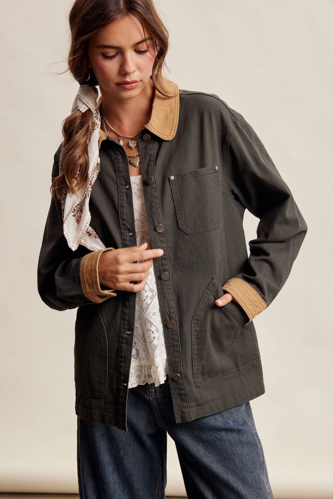 Listicle | Contrast Collar Utility Barn Jacket LJ0271