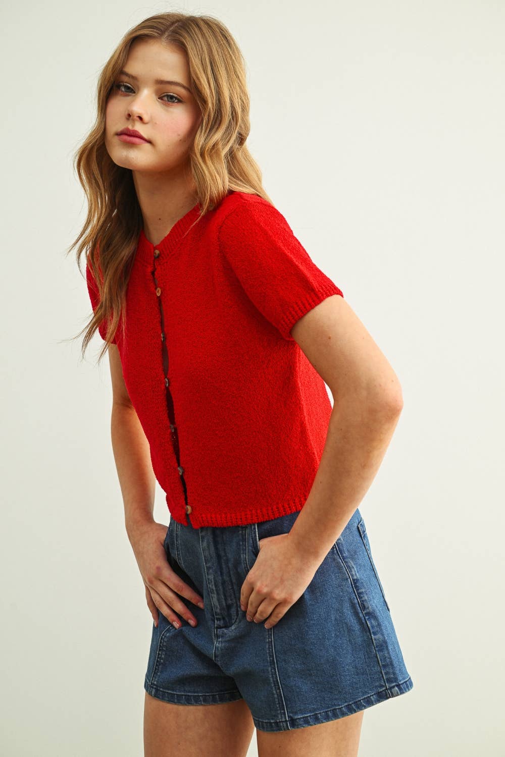 Miou Muse | Multi Button Detailed Short Sleeve Top