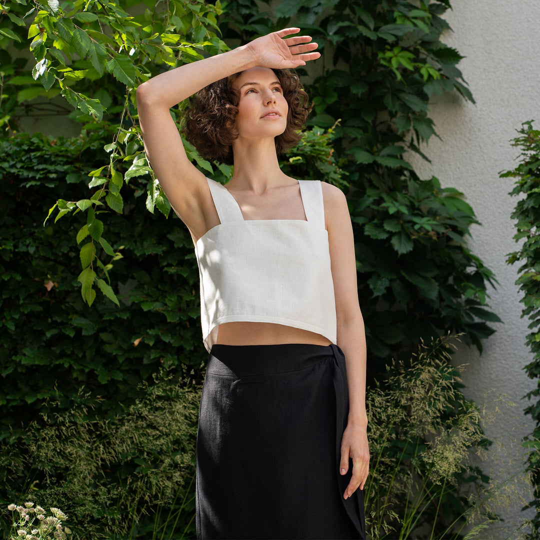 Menique | Linen Pinafore Crop Top with Back Buttons
