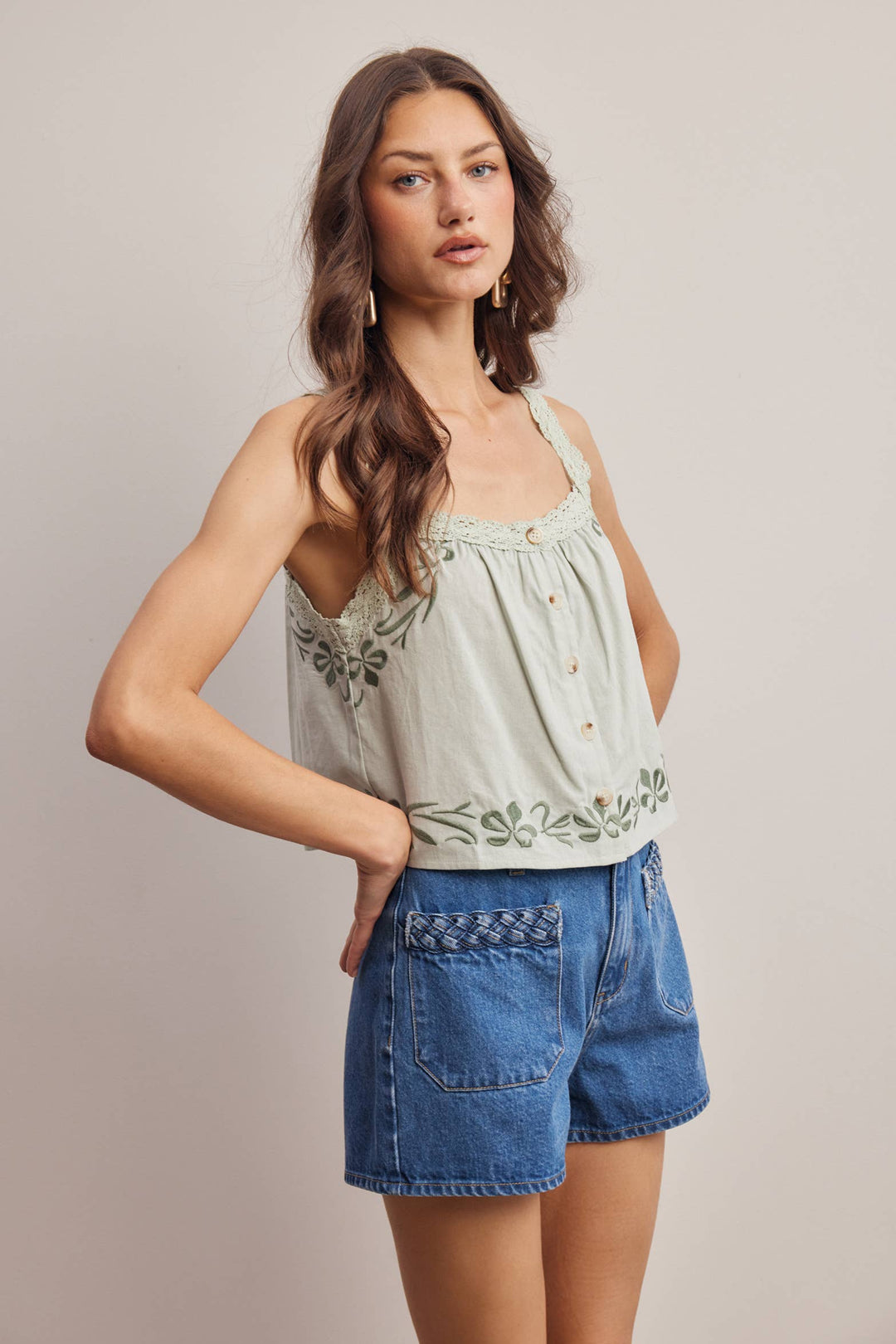 Forte | Embroidered Lace Trim Button Front Tank Top