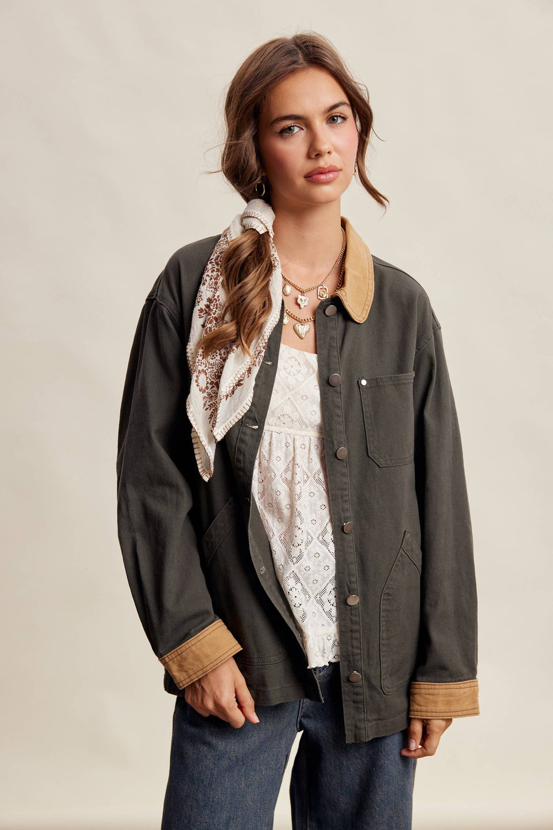 Listicle | Contrast Collar Utility Barn Jacket LJ0271