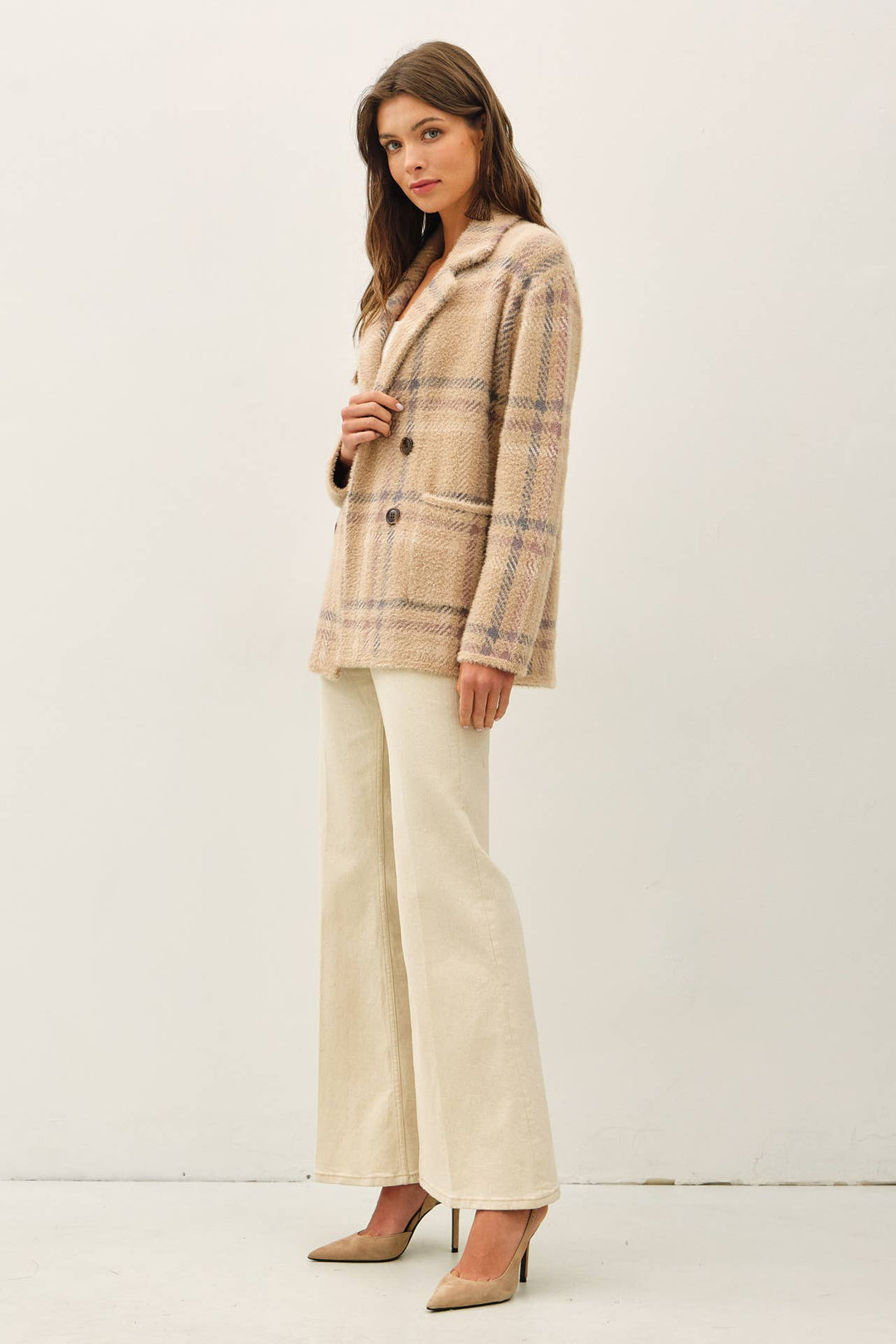Be Cool | Fuzzy Plaid Double Button Jacket