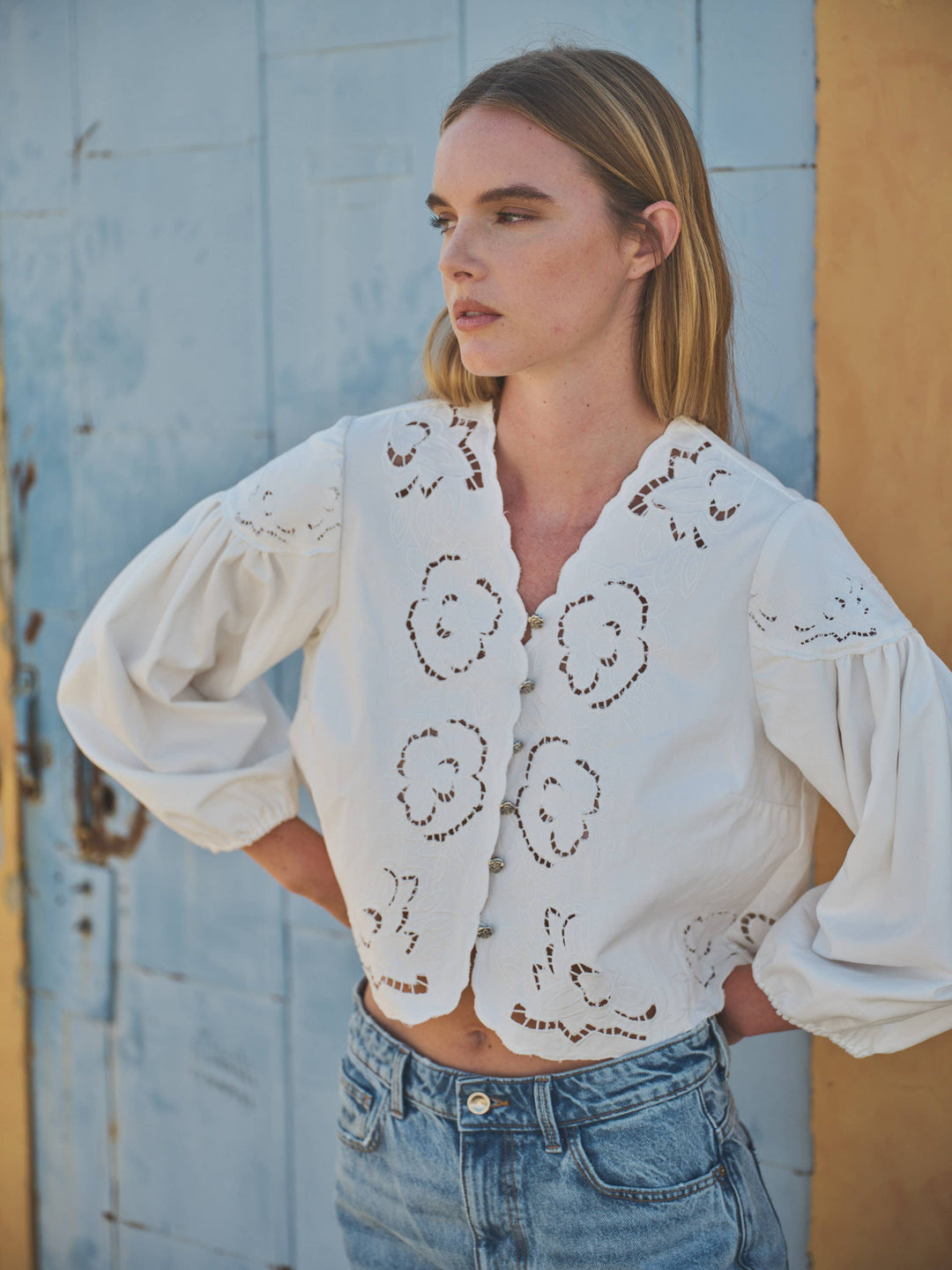 Aaron and Amber | Denim Embroidery Puff Sleeve Blouse