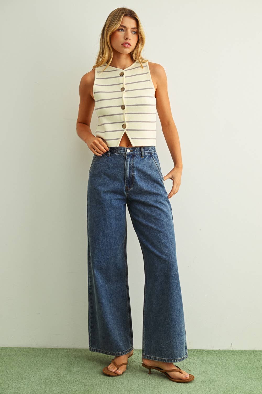 Miou Muse | Button Detail Stripe Pattern Knitted Vest