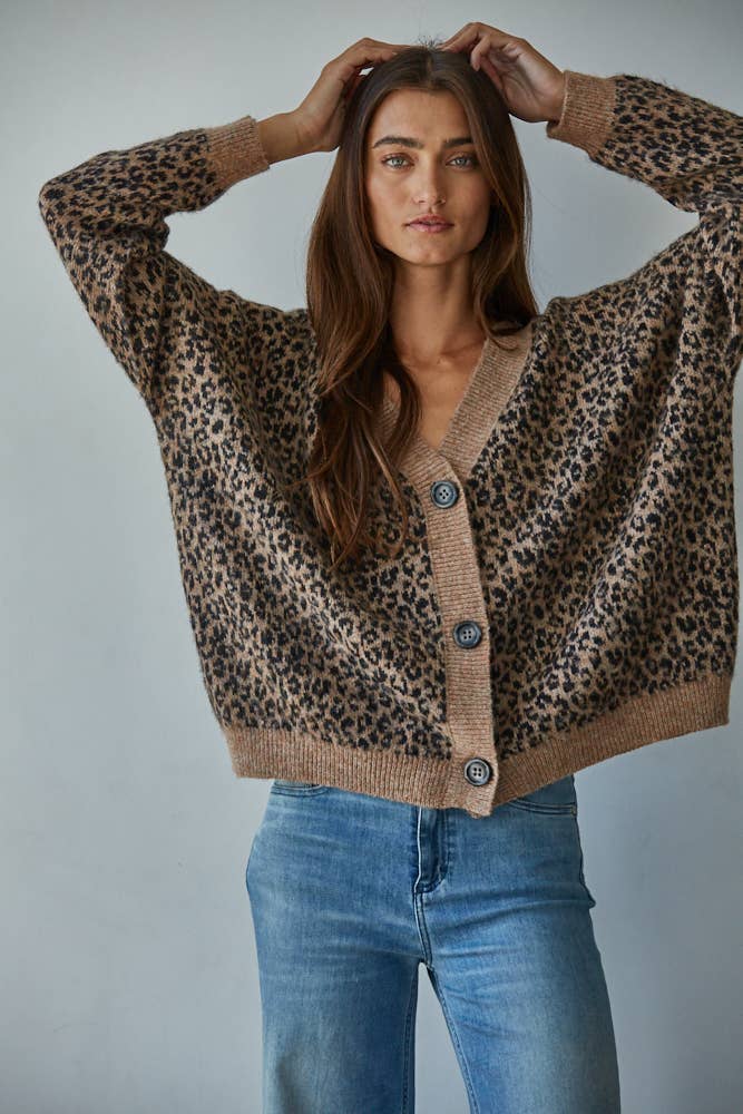By Together | Knit Sweater V-Neck Animal Print Cardigan