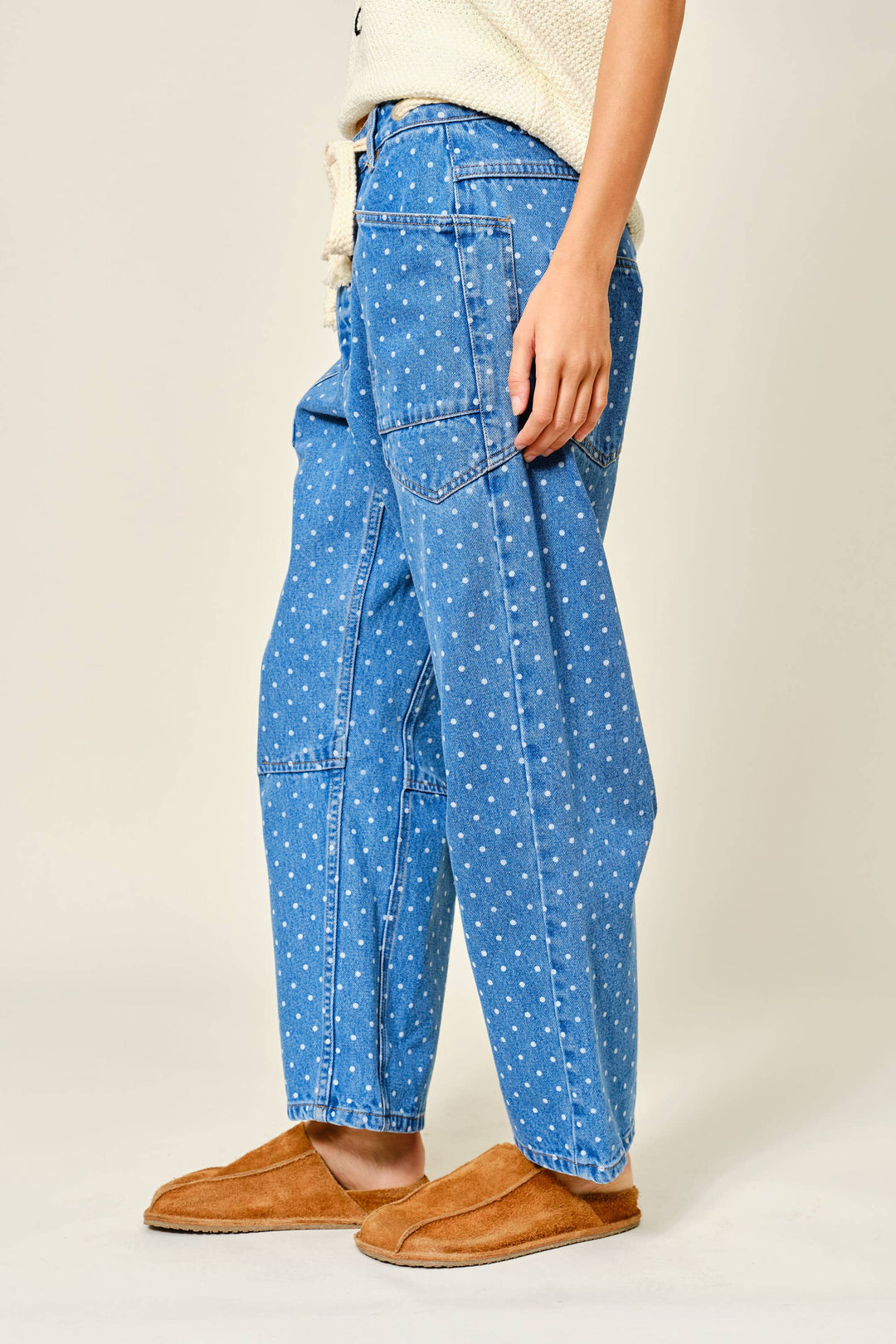 Aaron and Amber | Polka Dot Denim Barrel Pants