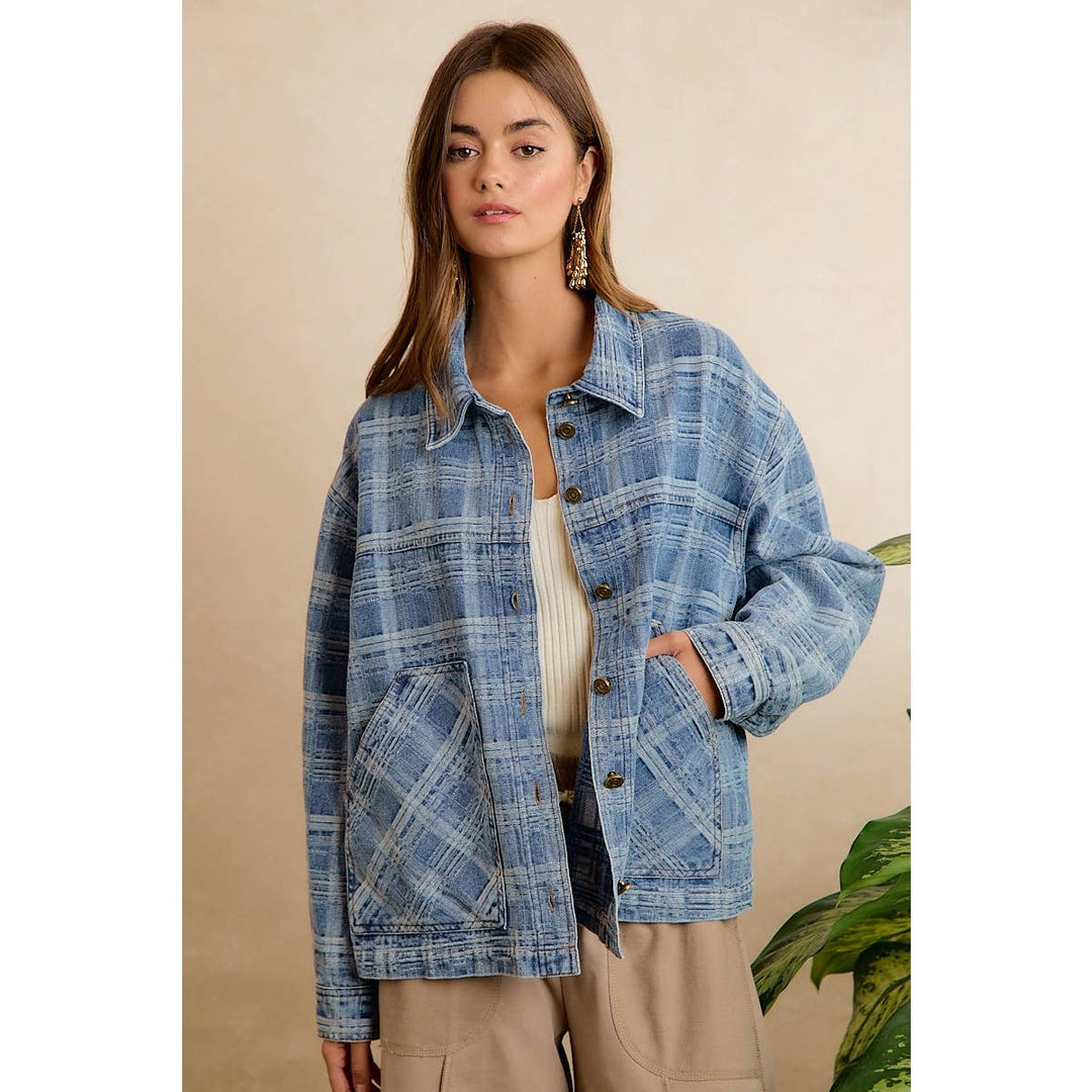 BiBi | Washed Plaid Patterned Denim Jacket With oversized Pockets