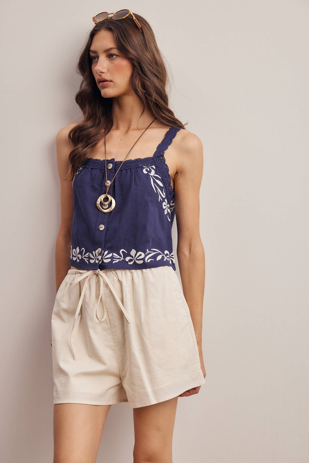 Forte | Embroidered Lace Trim Button Front Tank Top